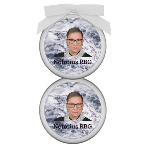 Personalized ornament personalized with Ruth Bader Ginsburg drawing and "Notorious RGB" on marble design