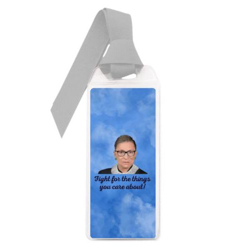 Personalized bookmark personalized with Ruth Bader Ginsburg drawing and "Fight for the things you care about" on blue design