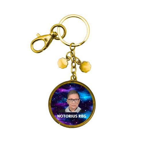 Personalized keychain personalized with Ruth Bader Ginsburg drawing and "Notorious RGB" on galaxy design