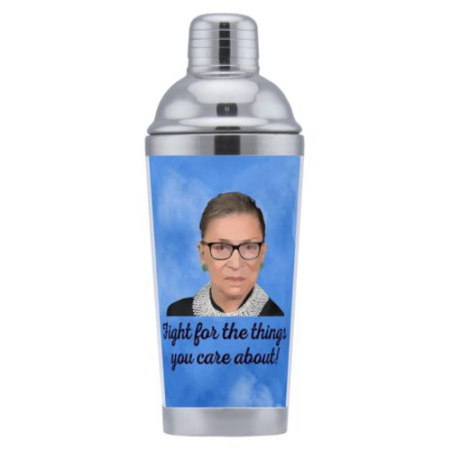 Coctail shaker personalized with blue cloud pattern and photo and the saying "Fight for the things you care about!"