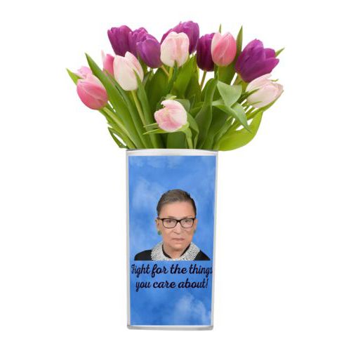 Personalized vase personalized with blue cloud pattern and photo and the saying "Fight for the things you care about!"