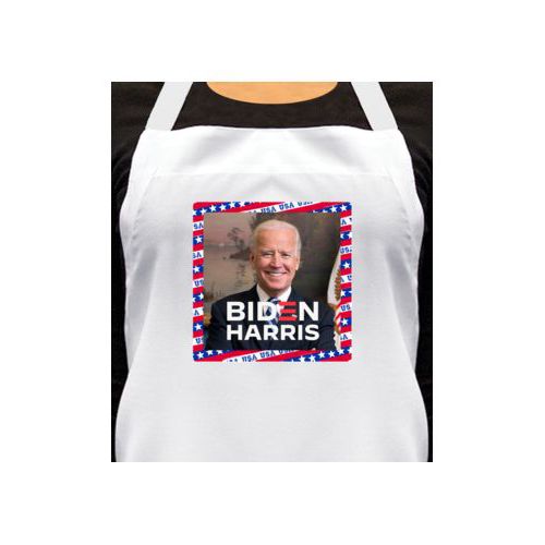 Personalized apron personalized with Biden photo and "Biden Harris" logo on red white and blue design