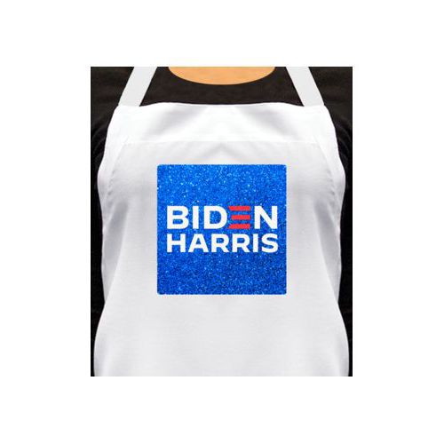 Custom apron personalized with "Biden Harris" logo on blue design