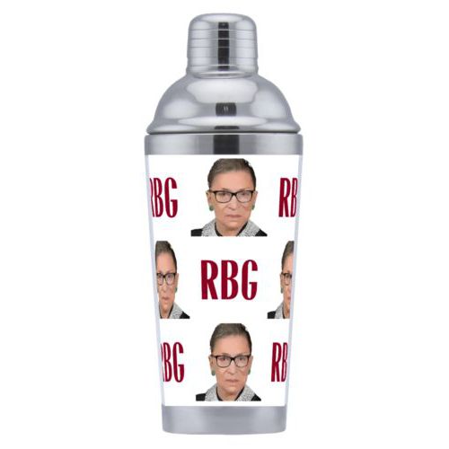 Custom coctail shaker personalized with Ruth Bader Ginsburg drawing and "RGB" tiled design