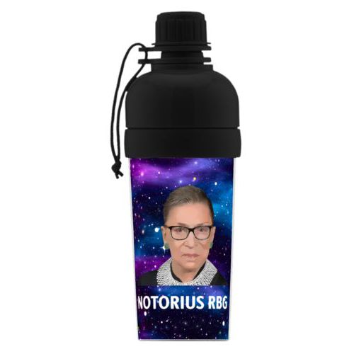 Custom sports bottle for kids personalized with Ruth Bader Ginsburg drawing and "Notorious RGB" on galaxy design