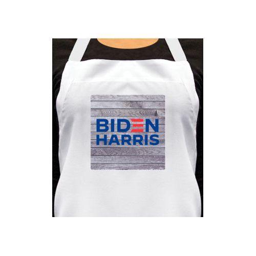 Custom apron personalized with "Biden Harris" logo on wood grain design