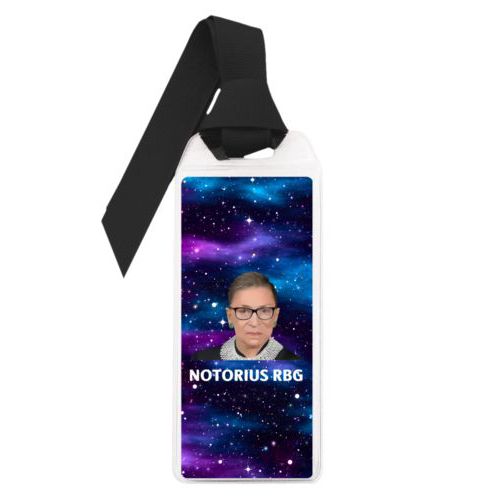 Personalized book mark personalized with galactic pattern and photo and the saying "NOTORIUS RBG"