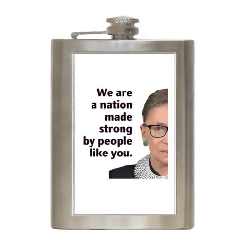 Personalized 8oz flask personalized with photo and the saying "We are a nation made strong by people like you."
