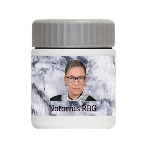 Personalized 12oz food jar personalized with Ruth Bader Ginsburg drawing and "Notorious RGB" on marble design