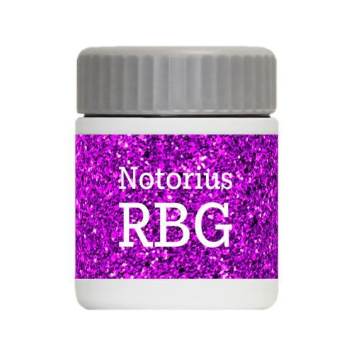 Personalized 12oz food jar personalized with "Notorious RGB" on purple design