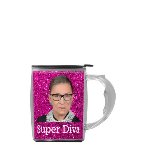 Custom mug with handle personalized with pink glitter pattern and photo and the saying "Super Diva"