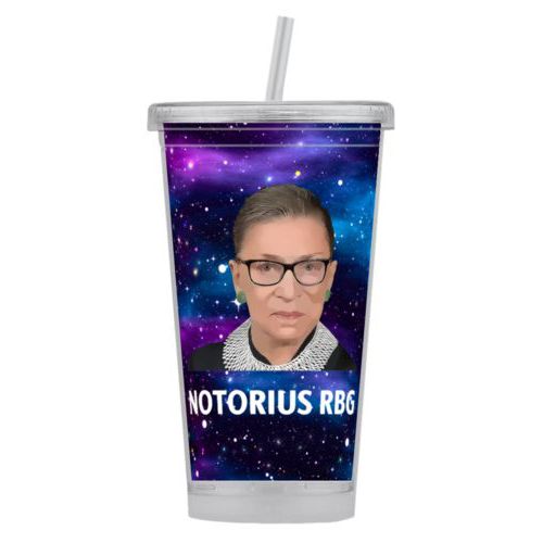 Tumbler personalized with Ruth Bader Ginsburg drawing and "Notorious RGB" on galaxy design