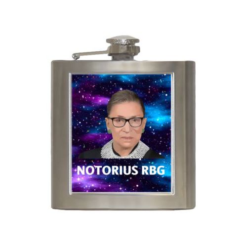 Personalized 6oz flask personalized with galactic pattern and photo and the saying "NOTORIUS RBG"