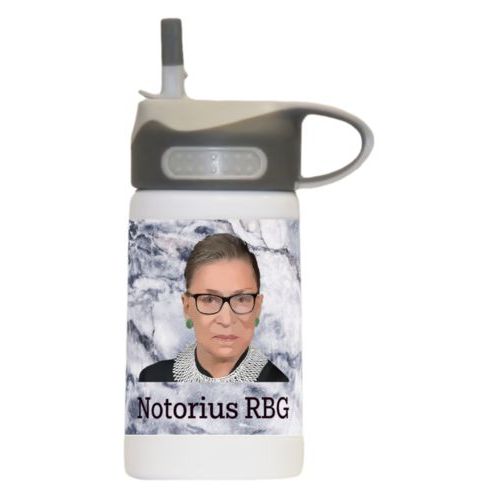 12oz insulated steel sports bottle personalized with Ruth Bader Ginsburg drawing and "Notorious RGB" on marble design