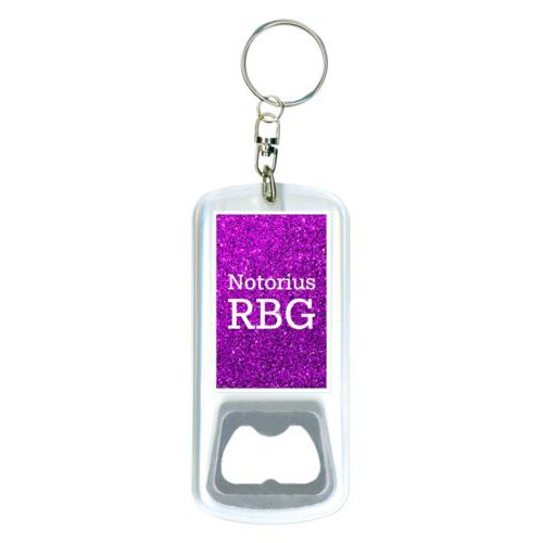 Personalized bottle opener personalized with fuchsia glitter pattern and the saying "Notorius RBG"