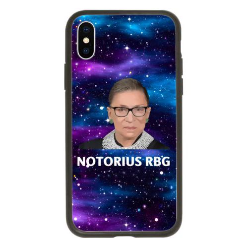 Personalized iphone x case personalized with galactic pattern and photo and the saying "NOTORIUS RBG"