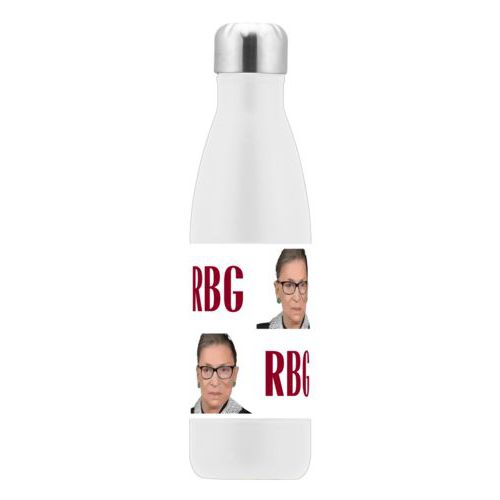 Custom insulated water bottle personalized with a photo and the saying "RBG" in white and maroon