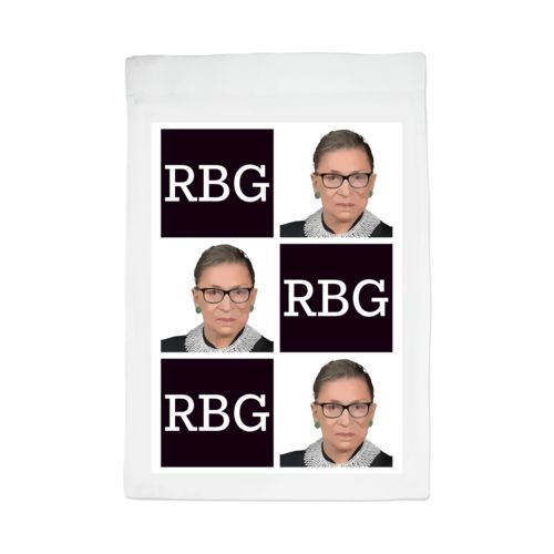 Personalized lawn flag personalized with a photo and the saying "RBG" in black and white