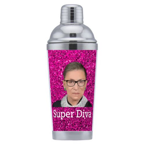Personalized coctail shaker personalized with Ruth Bader Ginsburg drawing and "Super Diva" design