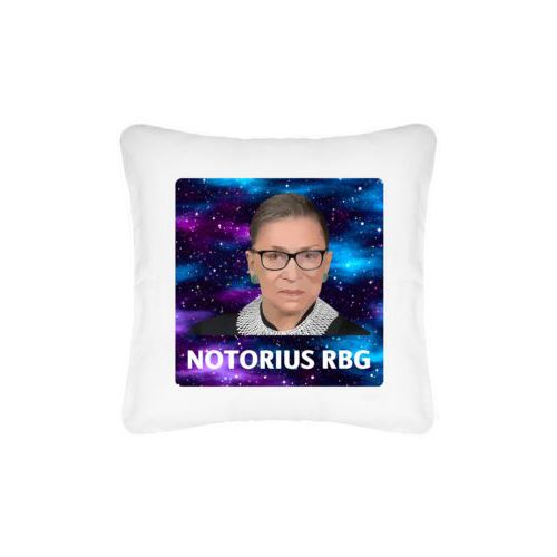 Personalized pillow personalized with galactic pattern and photo and the saying "NOTORIUS RBG"