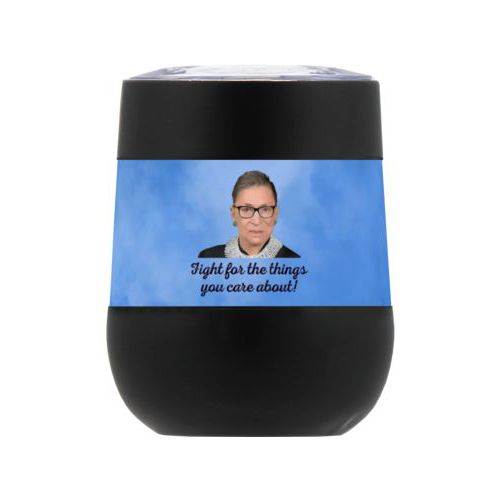 Personalized insulated wine tumbler personalized with blue cloud pattern and photo and the saying "Fight for the things you care about!"