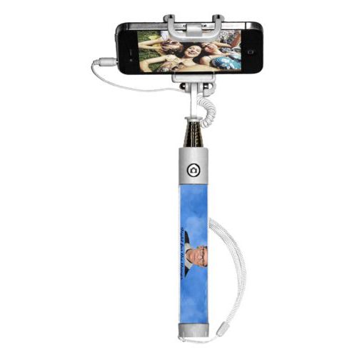 Personalized selfie stick personalized with Ruth Bader Ginsburg drawing and "Fight for the things you care about" on blue design