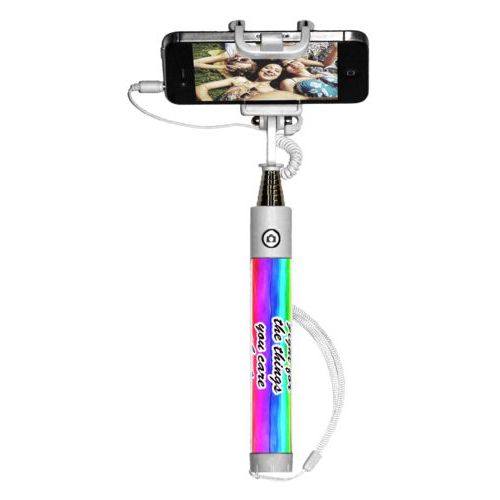 Personalized selfie stick personalized with "Fight for the things you care about" on rainbow design