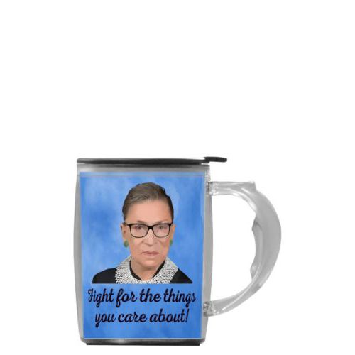 Personalized handle mug personalized with Ruth Bader Ginsburg drawing and "Fight for the things you care about" on blue design