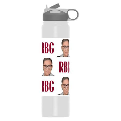 Personalized water bottle personalized with a photo and the saying "RBG" in white and maroon