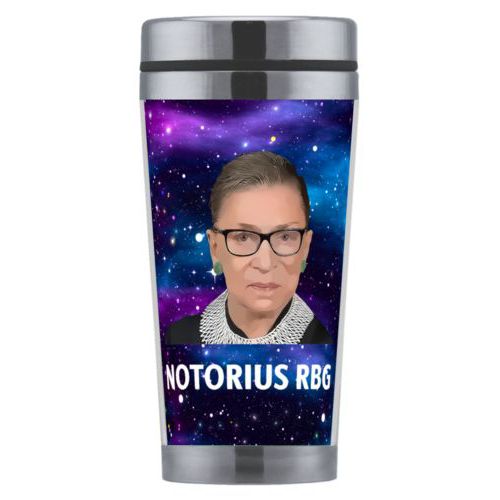 Personalized coffee mug personalized with galactic pattern and photo and the saying "NOTORIUS RBG"