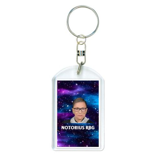 Personalized plastic keychain personalized with galactic pattern and photo and the saying "NOTORIUS RBG"