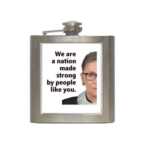 Personalized 6oz flask personalized with photo and the saying "We are a nation made strong by people like you."