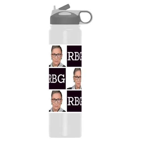 Personalized water bottle personalized with a photo and the saying "RBG" in black and white