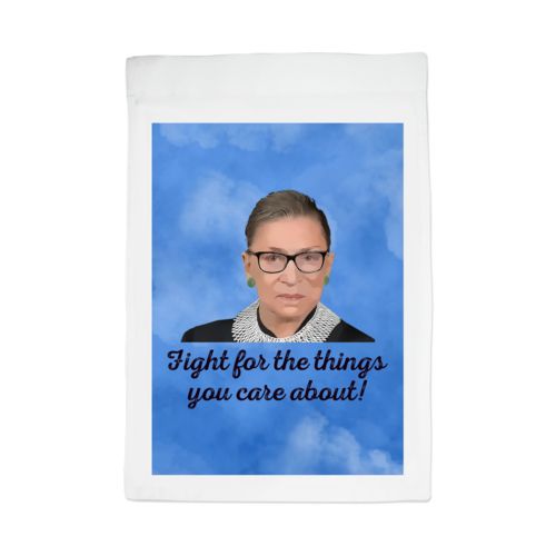 Personalized lawn flag personalized with blue cloud pattern and photo and the saying "Fight for the things you care about!"