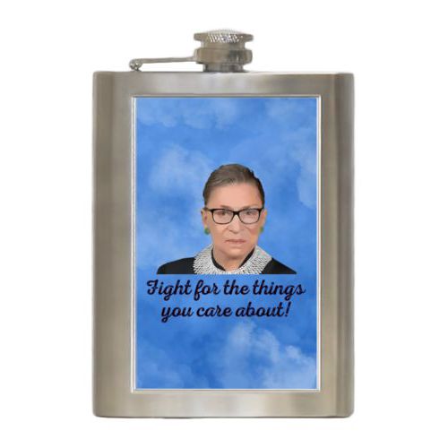 Personalized 8oz flask personalized with blue cloud pattern and photo and the saying "Fight for the things you care about!"