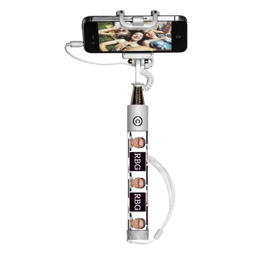 Personalized selfie stick personalized with a photo and the saying "RBG" in black and white