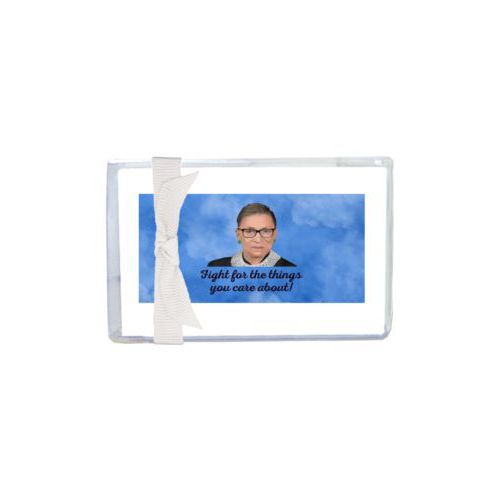 Enclosure cards personalized with Ruth Bader Ginsburg drawing and "Fight for the things you care about" on blue design