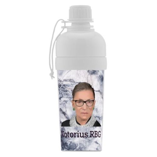 Custom kids water bottle personalized with Ruth Bader Ginsburg drawing and "Notorious RGB" on marble design