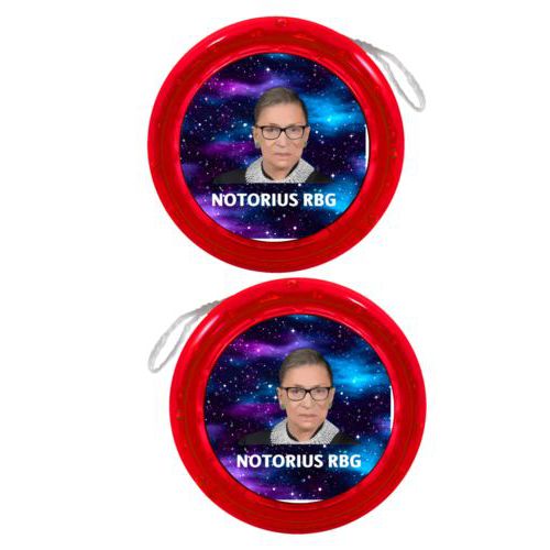 Personalized yoyo personalized with Ruth Bader Ginsburg drawing and "Notorious RGB" on galaxy design