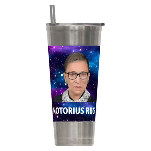 Personalized insulated steel tumbler personalized with galactic pattern and photo and the saying "NOTORIUS RBG"