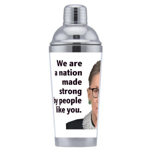 Custom coctail shaker personalized with Ruth Bader Ginsburg drawing and "Notorious RGB" on galaxy design