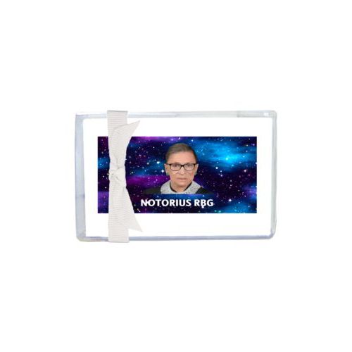 Personalized enclosure cards personalized with galactic pattern and photo and the saying "NOTORIUS RBG"