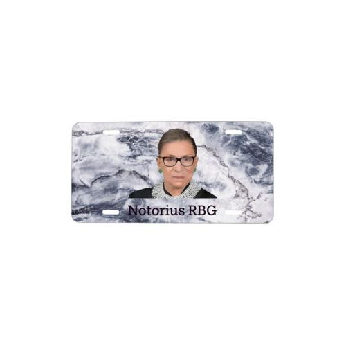 Personalized license plate personalized with Ruth Bader Ginsburg drawing and "Notorious RGB" on marble design