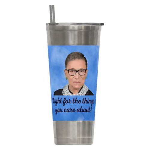 24oz insulated steel tumbler personalized with Ruth Bader Ginsburg drawing and "Fight for the things you care about" on blue design