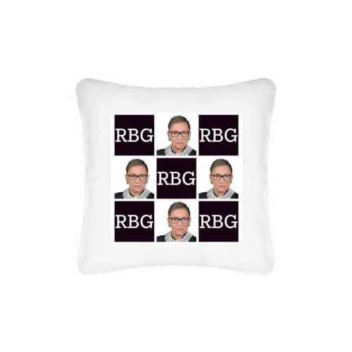Personalized pillow personalized with a photo and the saying "RBG" in black and white