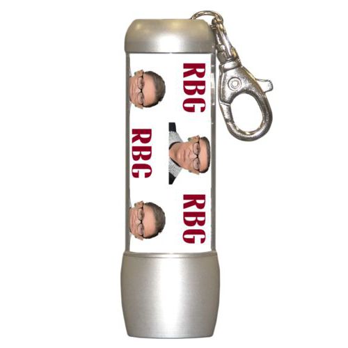 Personalized flashlight personalized with a photo and the saying "RBG" in white and maroon