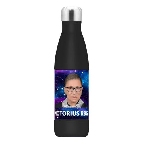 Personalized stainless steel water bottle personalized with galactic pattern and photo and the saying "NOTORIUS RBG"
