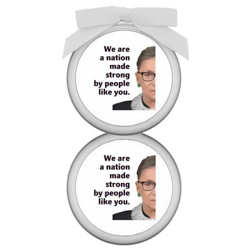 Personalized ornament personalized with Ruth Bader Ginsburg drawing and "We are a nation made strong by people like you"