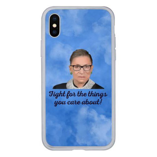 Personalized iphone x case personalized with blue cloud pattern and photo and the saying "Fight for the things you care about!"
