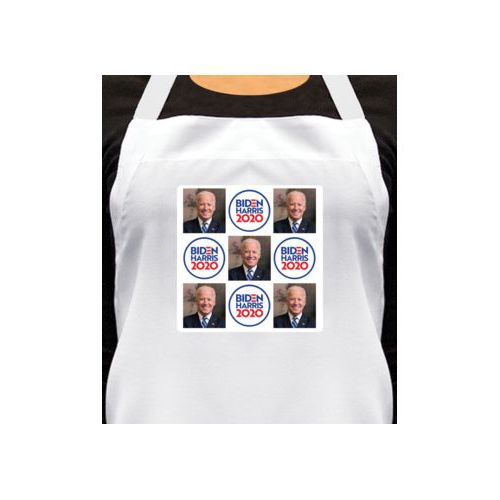 Custom apron personalized with "Biden Harris 2020" round logo and Biden photo tile design
